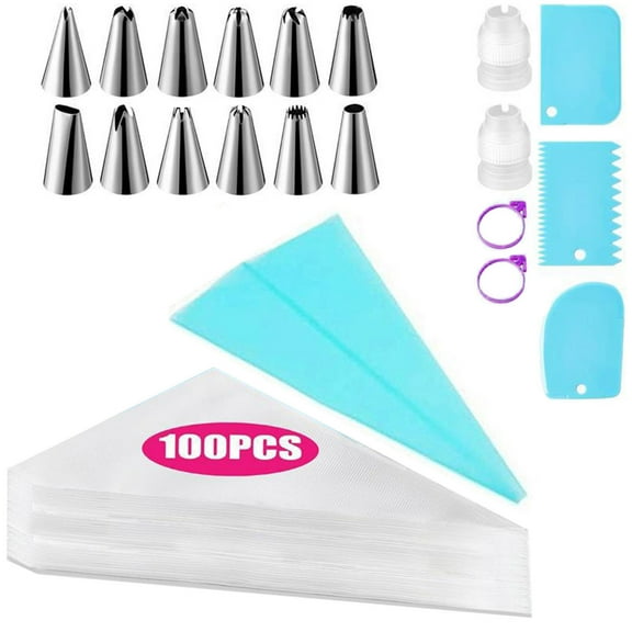 Holloyiver Piping Bags and Tips Set, Cake Decorating Supplies Kit - Included 100 Disposable Pastry Bags, 1 Reusable Pastry Bag, 2 Couplers, 12 Frosting Tips, 2 Ties, 3 Icing Scrapers for Baking