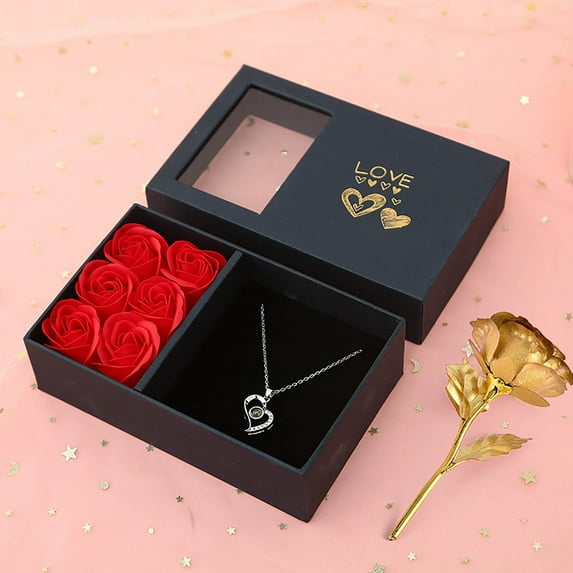 Holloyiver Preserved Real Rose with Love You Necklace in 100 Languages Gift Set, Eternal Rose Gift Box with Necklace, Handmade Rose Gift for Her on Birthday, Mother's Day, Valentine's Day