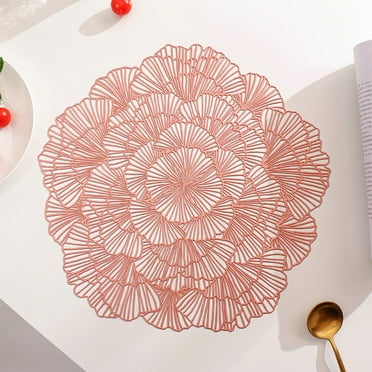 Holloyiver Round Pressed Vinyl Gold Placemat, Rose Floral Non Slip Table Mats for Wedding Dinner Party Table Supplies with Washable Heat Resistant