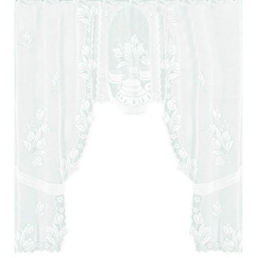 Holloyiver Rustic White Sheer, Swag Valance Kitchen Curtains, Floral Embroidery Lace Cafe Curtains, Voile Tulle Window Drapes Hollow Knitted Valances for Small Windows Dining Room, 47.2 x 41.3 Inch