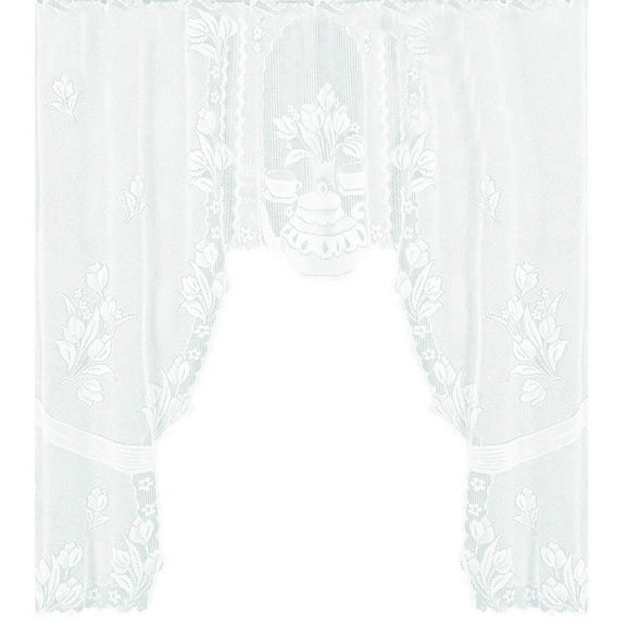 Holloyiver Rustic White Sheer, Swag Valance Kitchen Curtains, Floral Embroidery Lace Cafe Curtains, Voile Tulle Window Drapes Hollow Knitted Valances for Small Windows Dining Room, 47.2 x 41.3 Inch