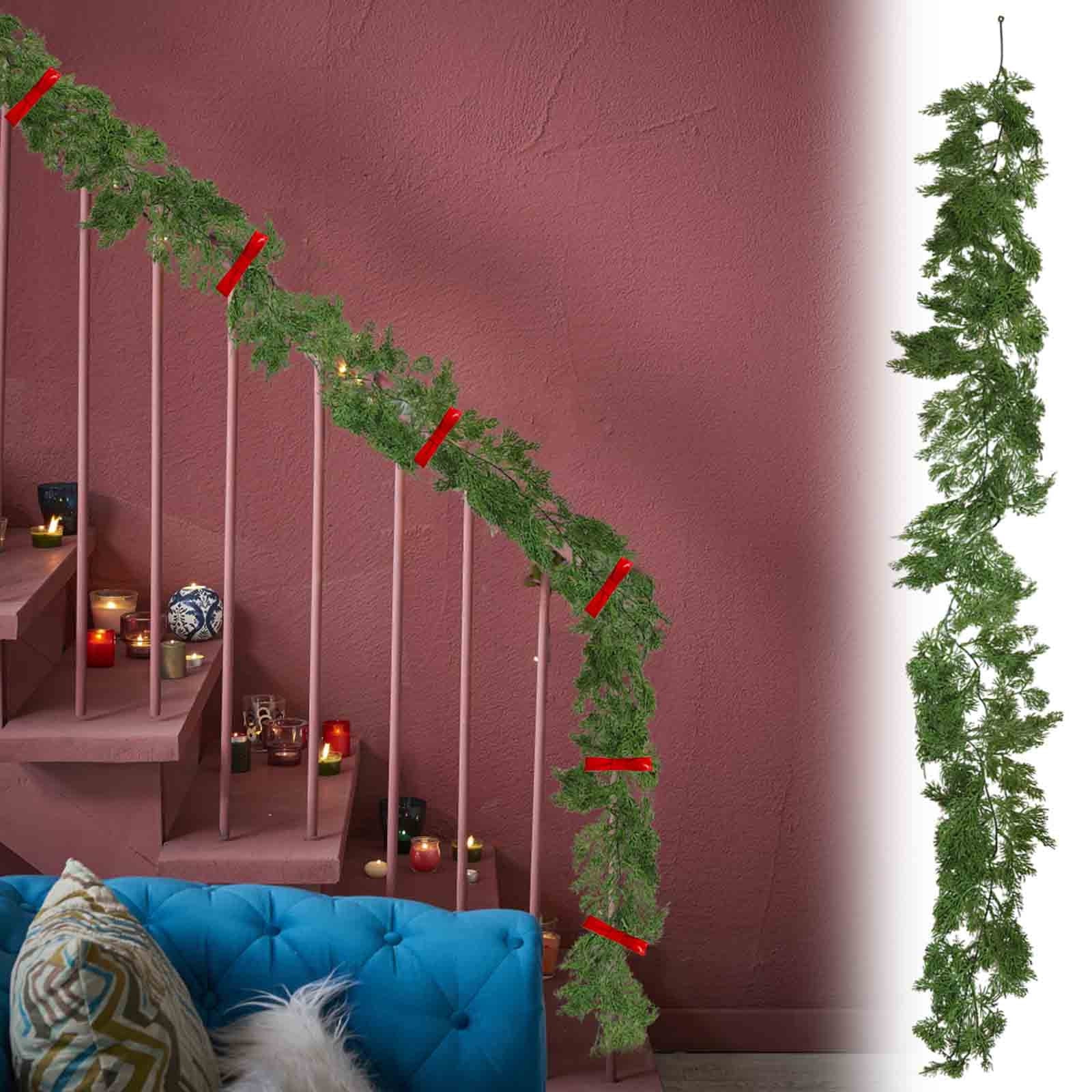 Holloyiver Simulated Christmas Garland Rattan, Feel Soft Glue Green Plant Pines Needles Cypresses Leaf For Door Wall Hanging Home Layout Interior Decoration ,180CM/6FT