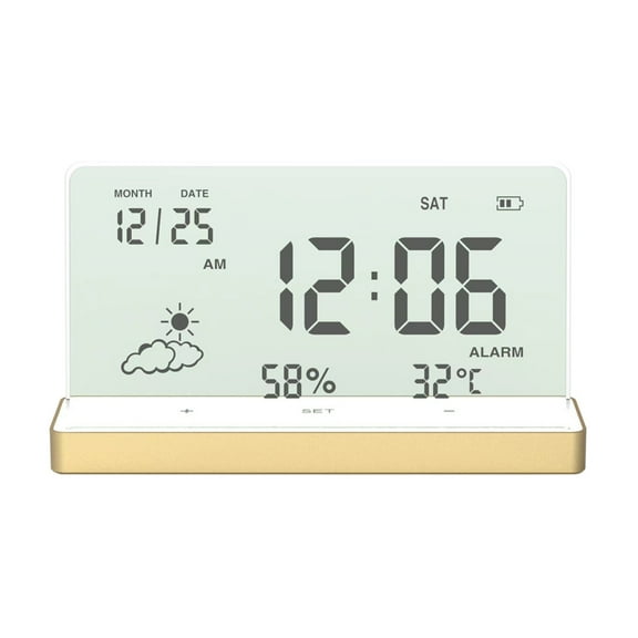 Holloyiver Small Digital Alarm Clock, Transparent LCD Display with Temperature, Humidity, Date, Modern Design Aesthetic Home & Office Decor, Battery Operated Clock for Shelf, Table