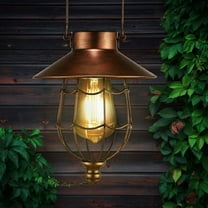 Holloyiver Solar Lanterns Outdoor Hanging Metal Vintage Lantern, Warm White Solar Lights lamp Waterproof Edison Bulb Design for Pathway Garden Patio Yard Tree Decoration (Brass-color)