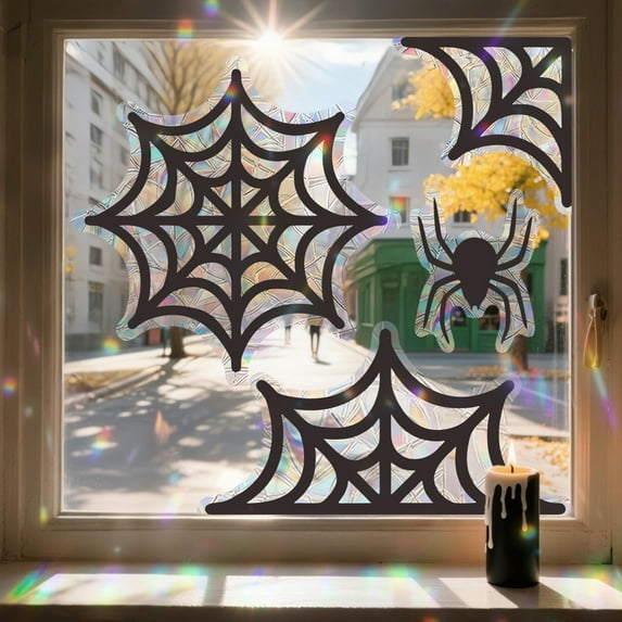 Holloyiver Spider Web and Spider Window Clings - Anti-Collision Decals to Save Birds, Non-Adhesive Prismatic Window Clings, Rainbow Stickers
