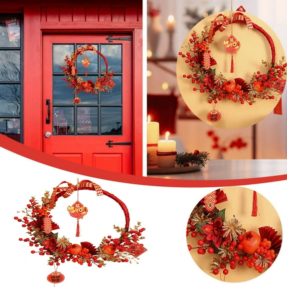 Holloyiver Spring Festival Wreath Decoration Pendant, Indoor Festival Chinese Style Lucky Decoration Wreath, Metal Props 2024 New Year Hanging Pendant for Window, Door, Wall