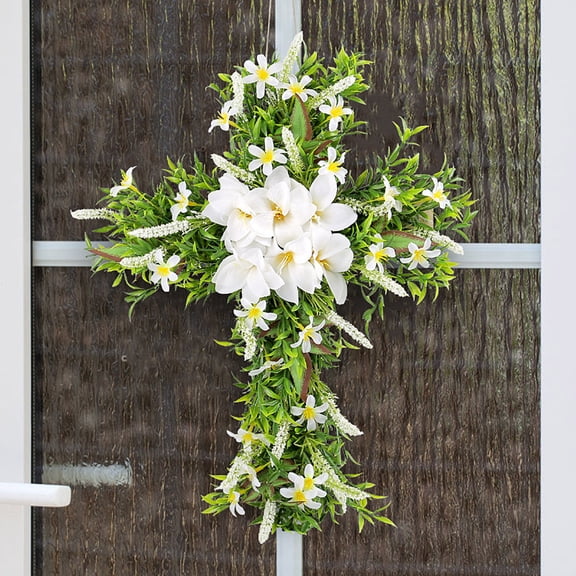 Holloyiver Spring Wreaths, 19.7 Inch Spring Cross Wreaths for Front Door Lily Wreath, Door Wreath Spring Decorations for Home, Floral Wreaths for Front Door Outside Wall Window Party Decoration