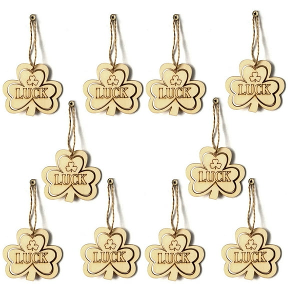 Holloyiver St. Patrick's Day Shamrock Wooden Ornaments Unfinished Wood Clover Cutouts with Ropes for St. Patrick's Party Tree Table Decorations (10 Pieces)