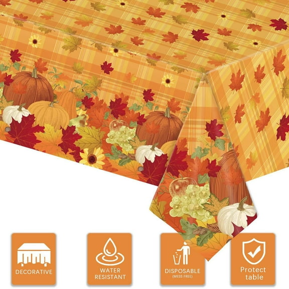 Holloyiver Thanksgiving Fall Tablecloth With Pumpkin Leaves, Autumn Tablecloth Disposable Waterproof Manageability Table Cloths For Thanksgiving Decor, 9Ft*4.5Ft