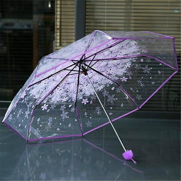 Holloyiver Three Fold Umbrella Women Transparent Clear Cherry Blossom Mushroom Sakura Folding Sunshade Rain Umbrellas