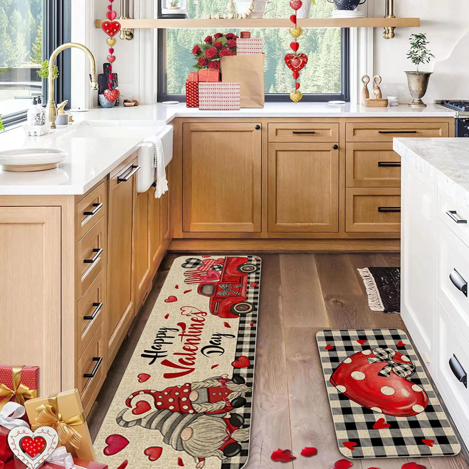 Holloyiver Valentines Day Kitchen Rugs and Mats Set of 2, Buffalo Red