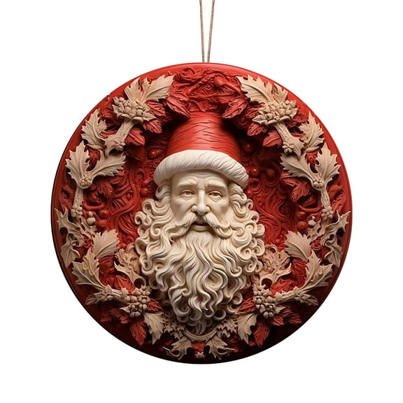 Holloyiver Vintage Christmas Santa Acrylic Window Hanging Ornaments, Christmas Tree Round Hanging Decorations, 3D Flat Color Painted Santa Claus Acrylic Ornament with Hanging Rope