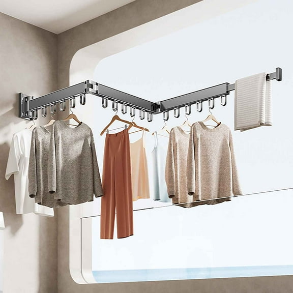 Holloyiver Wall Mounted Clothes Hanger Rack, Retractable Clothes Drying Rack, Space-Saver, Laundry Drying Rack, Collapsible for Laundry, Balcony, Mudroom, Bedroom, Black