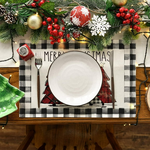 Holloyiver Waterclor Buffalo Plaid Christmas Trees Placemats Set of 4, 12x18 Inch Winter Table Mats for Outdoor Home Party Kitchen Dining Decor