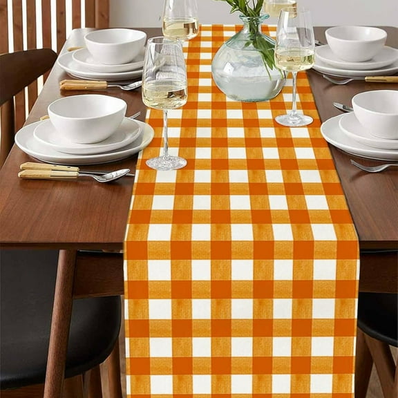 Holloyiver Watercolor Orange White Buffalo Plaid Table Runner Orange White Buffalo Checked Plaid Table Runner Fall Harvest Gingham Thanksgiving Home Decor Holiday Party Kitchen Farmhouse Decoration