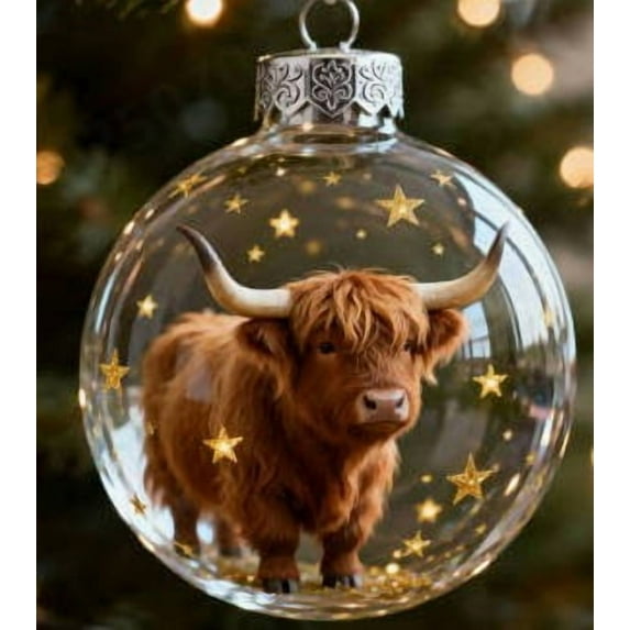 Holloyiver Wildlife Wonders Collection Crystal Glass Ornament, Vivid 3D Animal Christmas Decoration, Clear Plastic Xmas Balls, Luxury Winter Tree Decor Sparkling Star Accents,Holiday (Highland Cow)