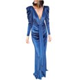 thumbnail image 1 of Holloyiver Women's Deep V-Neck Pleated Long Sleeve Belted Long Maxi Dresses S-XL, 1 of 5