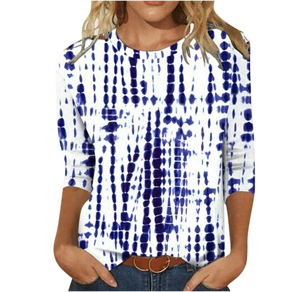 Holloyiver Women's Fashion Printed T-shirt 3/4 Sleeves Blouse Round Neck Casual Tops Dark Blue M