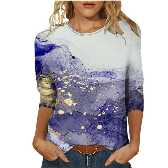 Holloyiver Women's Fashion Printed T-shirt 3/4 Sleeves Blouse Round Neck Casual Tops Purple L