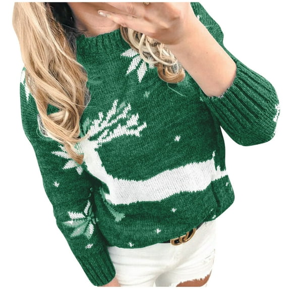 Holloyiver Women's Knitted Crop Tops Fashion Round Neck Christmas Print Comfortable Long Sleeve Loose Sweater Top Pullover Jumper Sweaters