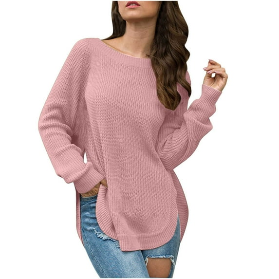 Holloyiver Women's Knitted Crop Tops Long Sleeve Round Neck Pullover Split Solid Color Top Round Neck Sweater Pullover Jumper Sweaters