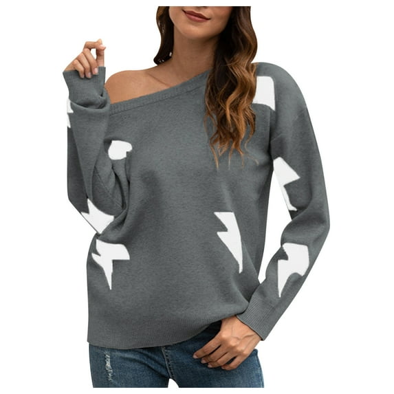 Holloyiver Women's Knitted Crop Tops Women Star Print Off-Shoulder Round Neck Sweater Pullover Jumper Sweaters
