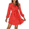 thumbnail image 1 of Herrnalise Women's Polka Dot Printed Tie Long Sleeve IrregularRuffle V-Neck Dresses S-XL, 1 of 7