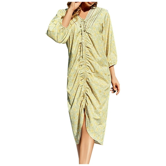 Holloyiver Women's Sexy V-Neck Drawstring Pleated Slim Midi Dress Long Sleeve V-Neck Midi Calf Dresses S-XL