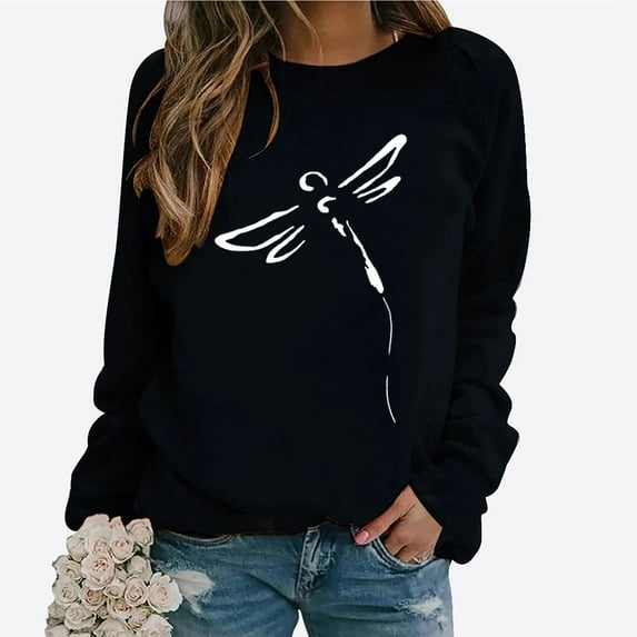 Holloyiver Women's Solid Long Sleeve Sweatshirt Crewneck Dragonfly Print Pullover Tops Tunic Tops OverSize