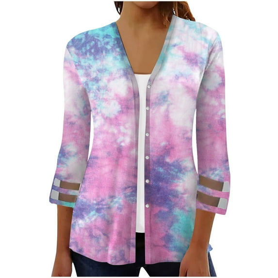 Holloyiver Women's Summer Sweater Cardigans For Women Cover Up Lightweight Casual Gradient Three-quarter Sleeve Button Blouses Open Front Cardigan Coat Cardigan Sweaters for Women Lightweight XL