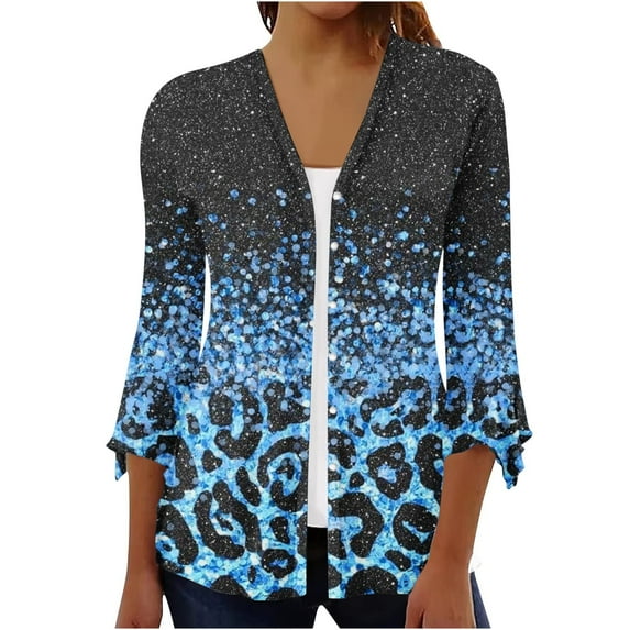 Holloyiver Women's Summer Sweater Women's Fashion Quarter Sleeved 4/3 Sleeved Printed Button Cardigan Jacket Cardigan Sweaters for Women Lightweight XL