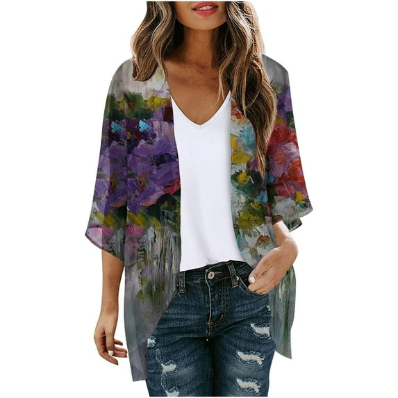 Holloyiver Women's Summer Sweater Women's Floral Print Puff Sleeve Kimono Cardigan Loose Chiffon Cover Up Casual Blouse Tops Cardigan Sweaters for Women Lightweight 2XL