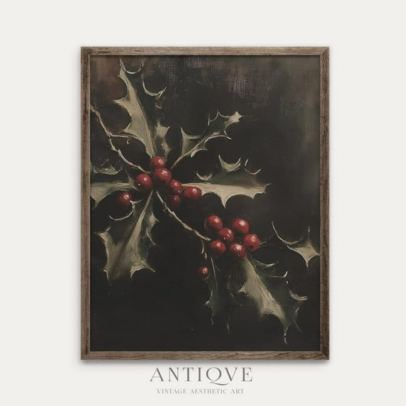 Holly And Berries Rustic Winter Holiday Art, Moody Holiday Decor,_V ...