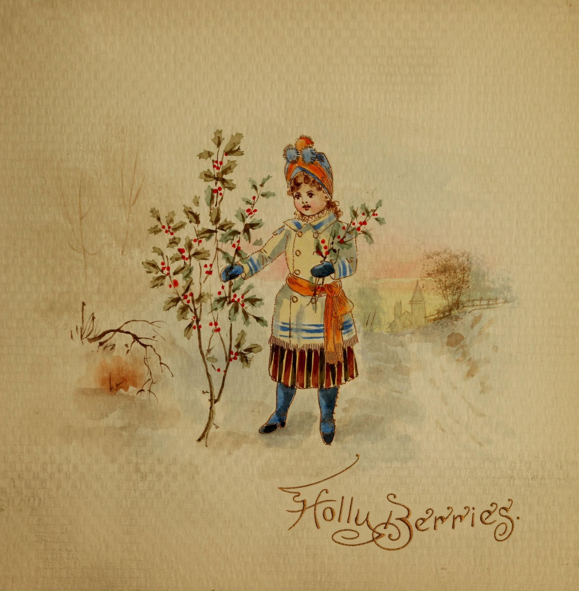 Holly Berries 1887 Girl picking holly Canvas Art - Annie C McQueen (18 x 24)