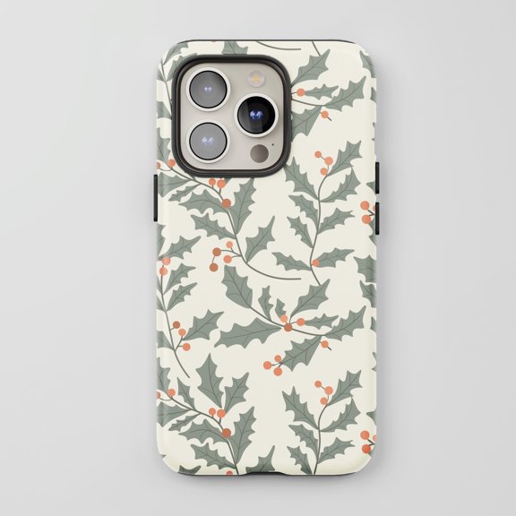 Holly Berries For All iPhone Series Protective Phone Case Holiday Botanical Cream Green
