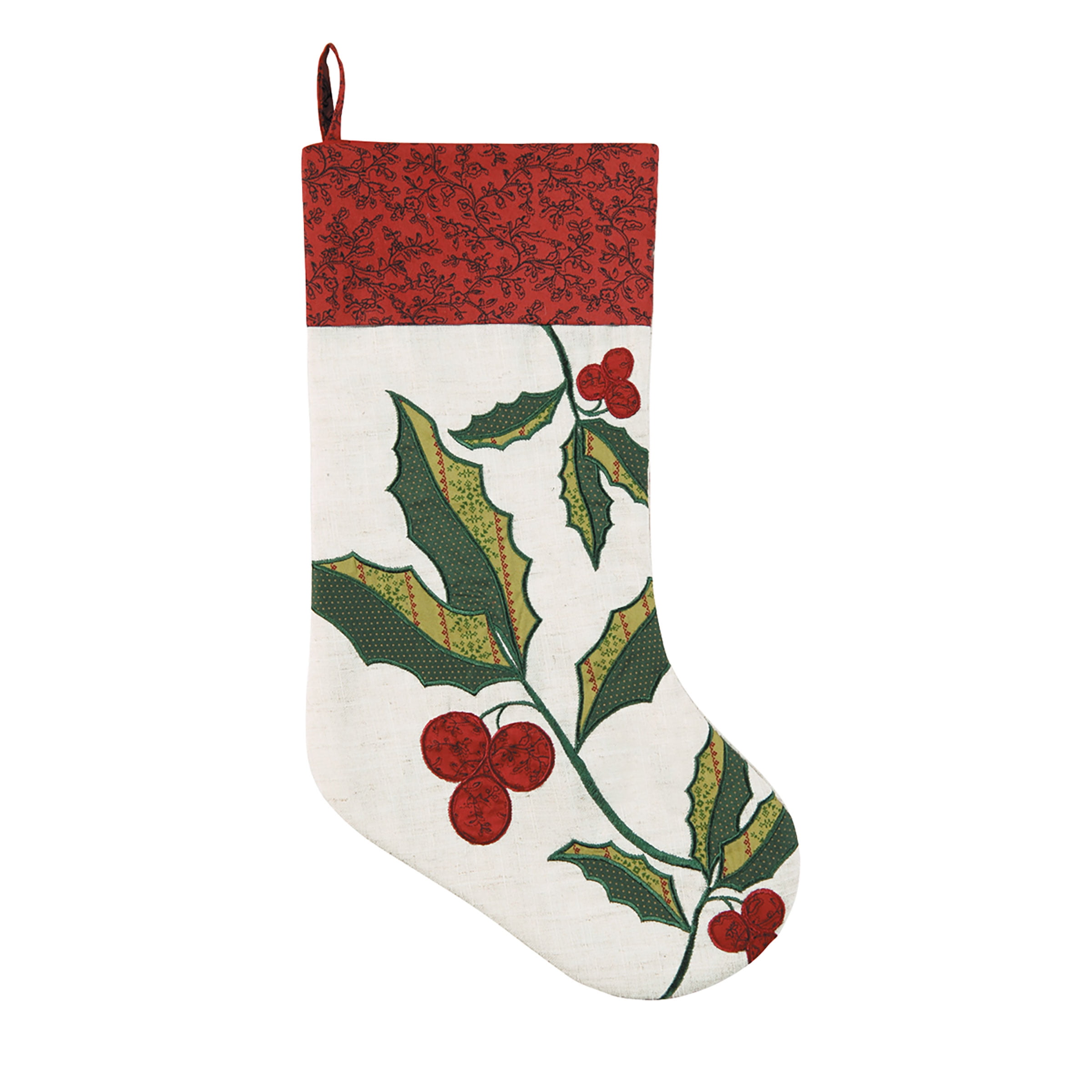20" Red and Green Holly Berries Christmas Stocking with White Base