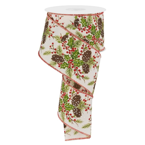 Holly, Berries, and Pinecone Wired Ribbon for Christmas Wreaths and Crafts - Ivory, Gold Glitter, Red, Green - 2.5" x 10 Yards