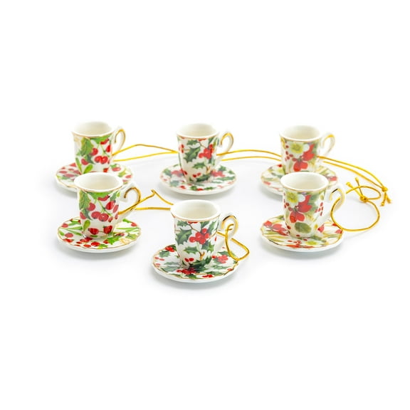Holly Berries and Poinsettia Assorted Mini Teacups Ornament Set of 6