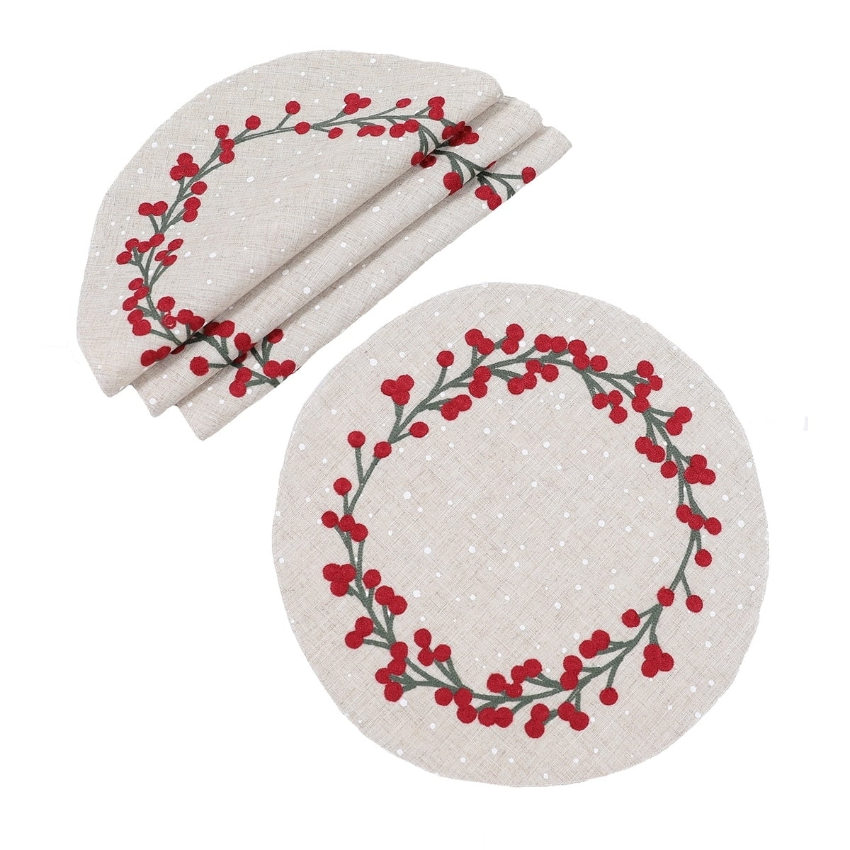 Natural Linen Holly Berry Embroidered Placemats, Set of 4