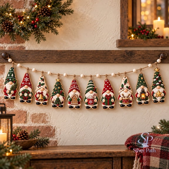 Holly Berry Christmas Gnome Wooden Ornament Garland, Mantel Hanging for Holiday Decorating