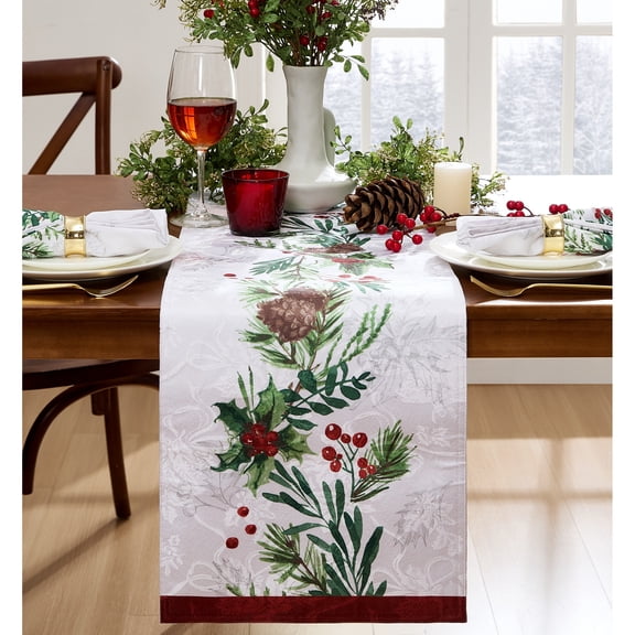 Elrene Home Fashions Holly Berry Flourish Holiday Fabric Table Runner, Multicolor, 14" x 70"