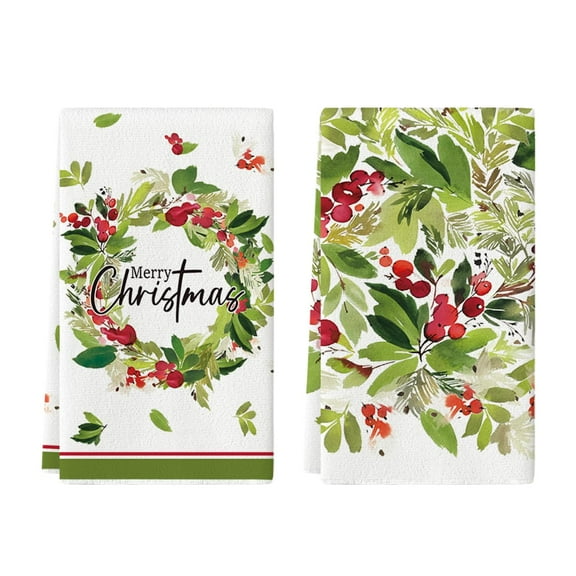 Holly Berry Merry Christmas Kitchen Towels Dish Towels, 16x24 Inch Leaves Wreath Winter Xmas Holiday Decoration Hand Towels Set