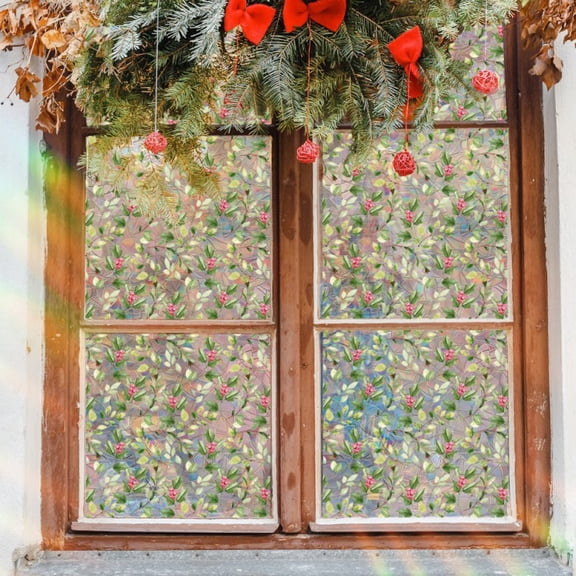 Holly Berry Static Window Film 11.8"x11.8" Iridescent Rainbow Stained Glass Window Sticker, No Glue Removable Reusable Privacy Window Cling for Home Decor