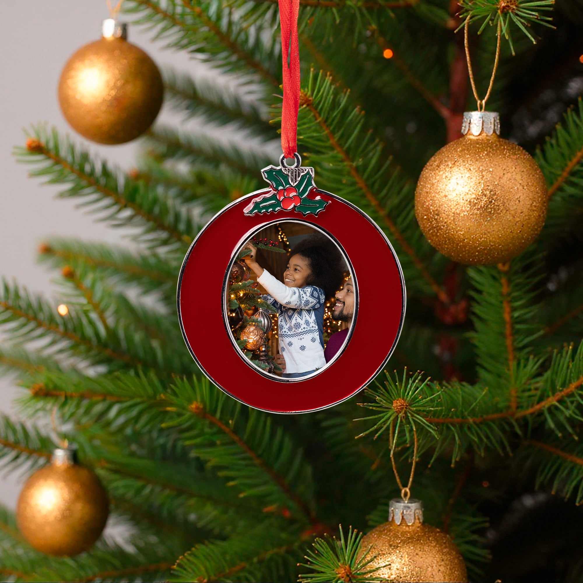 Holly Berry Wreath Photo Frame Christmas Ornament - 3.25"