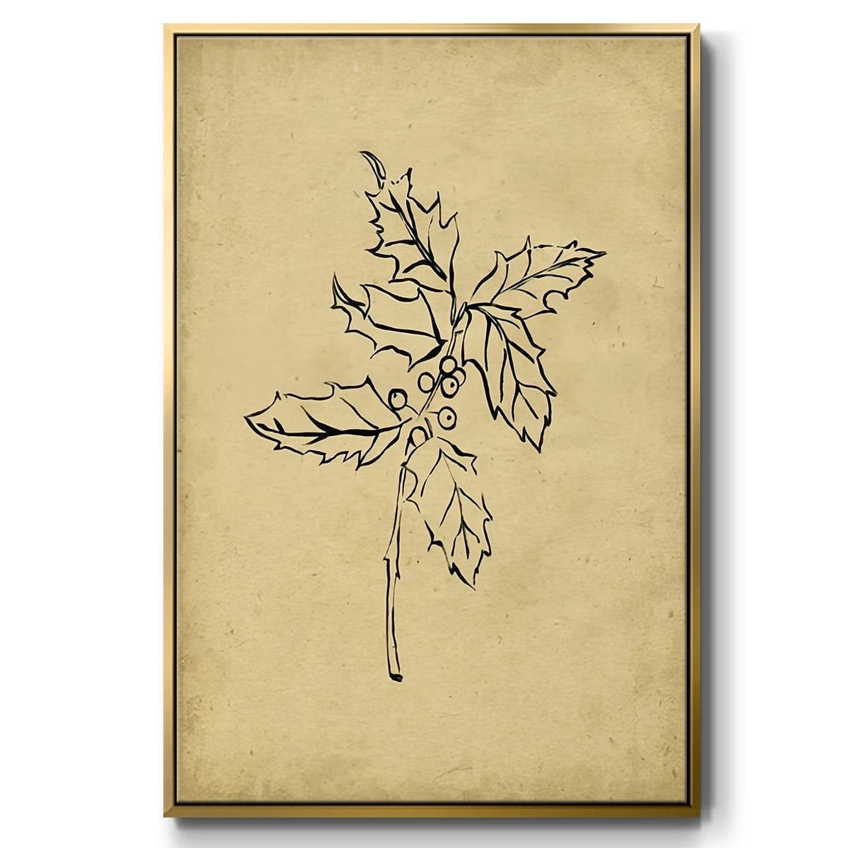 Holly Branch I - Framed Gallery Wrapped Holiday Canvas - 17 x 25 - Gold Frame
