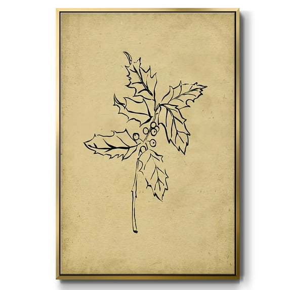 Holly Branch I - Framed Gallery Wrapped Holiday Canvas - 17 x 25 - Gold Frame
