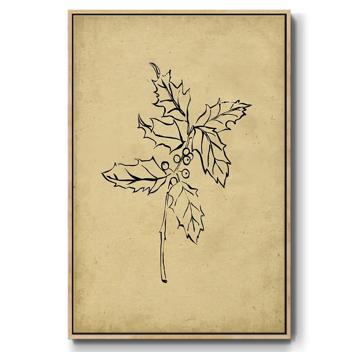 Holly Branch I - Framed Gallery Wrapped Holiday Canvas - 17 x 25 - Natural Wood Frame