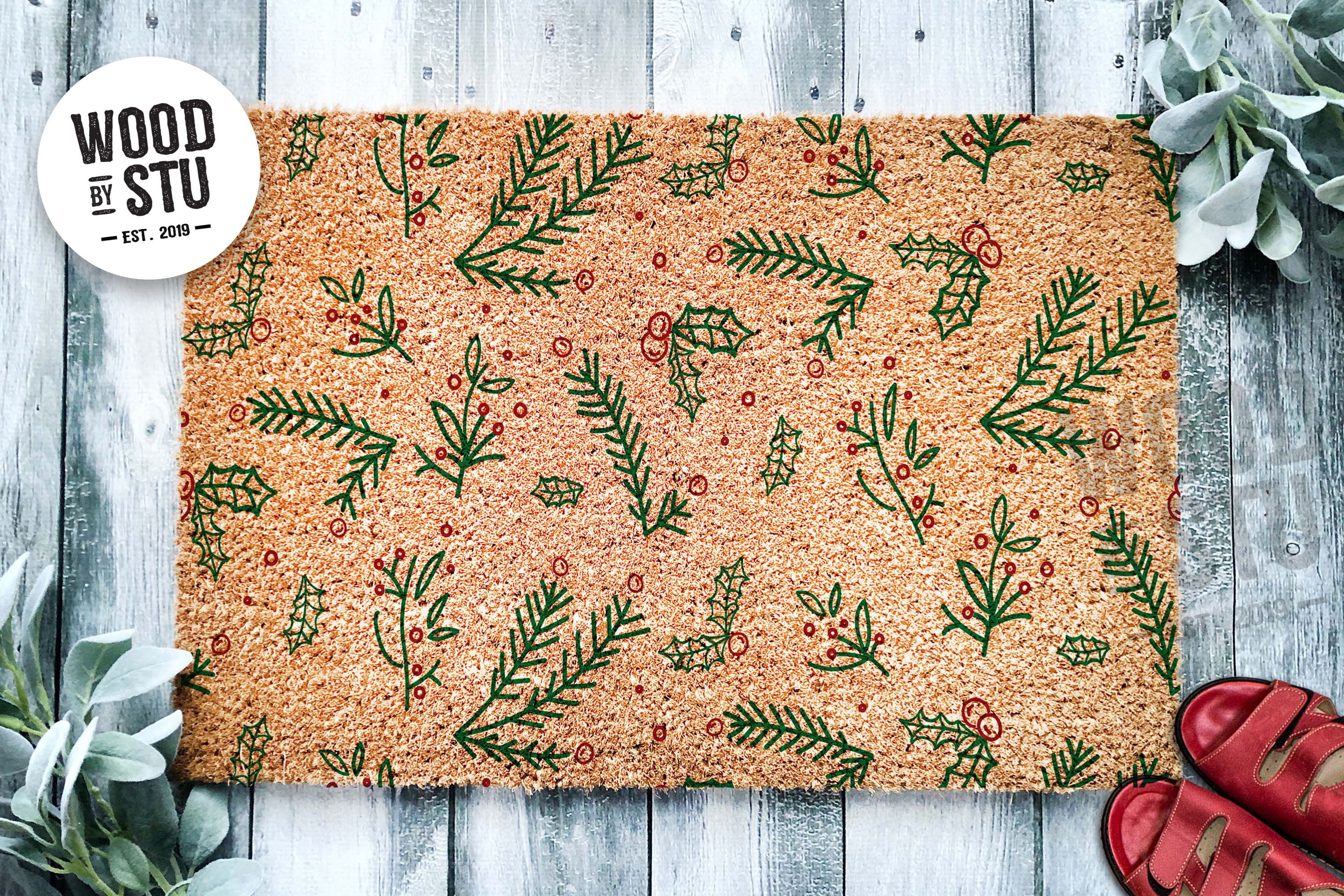 Holly Branches Pattern Door Mat Winter Doormat Mat Cute