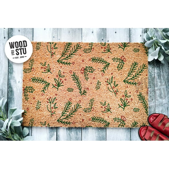 Holly Branches Pattern Door Mat | Winter Doormat | Welcome Mat | Cute Christmas Door Mat | Winter Holiday Decor Gift | Home Doormat