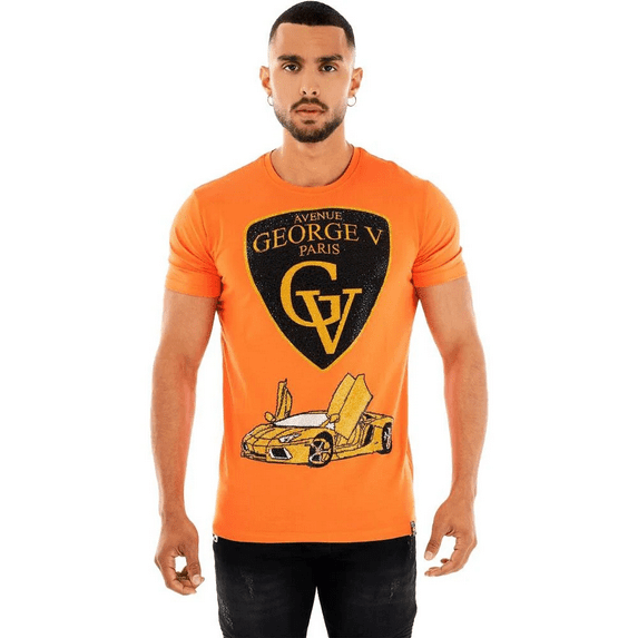 Holly Chic LA Avenue George V Paris Men's Orange T-Shirt Lamborghini Crystal Rhinestone Fitted Tee 2XL GV-2229